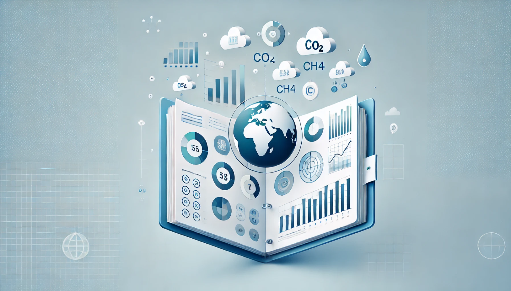 Otevřená kniha obsahující grafy, čísla a chemické vzorce skleníkových plynů. Obrázek symbolizuje proces inventarizace skleníkových plynů.