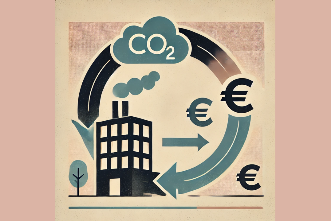 Obrázek ve stylu clipart znázorňuje systém EU ETS. Budova se stromem, nad níž je oblak s označením CO2. Z oblaku vede šipka cyklu EU ETS k symbolu eura, odkud šipka pokračuje zpět k budově.