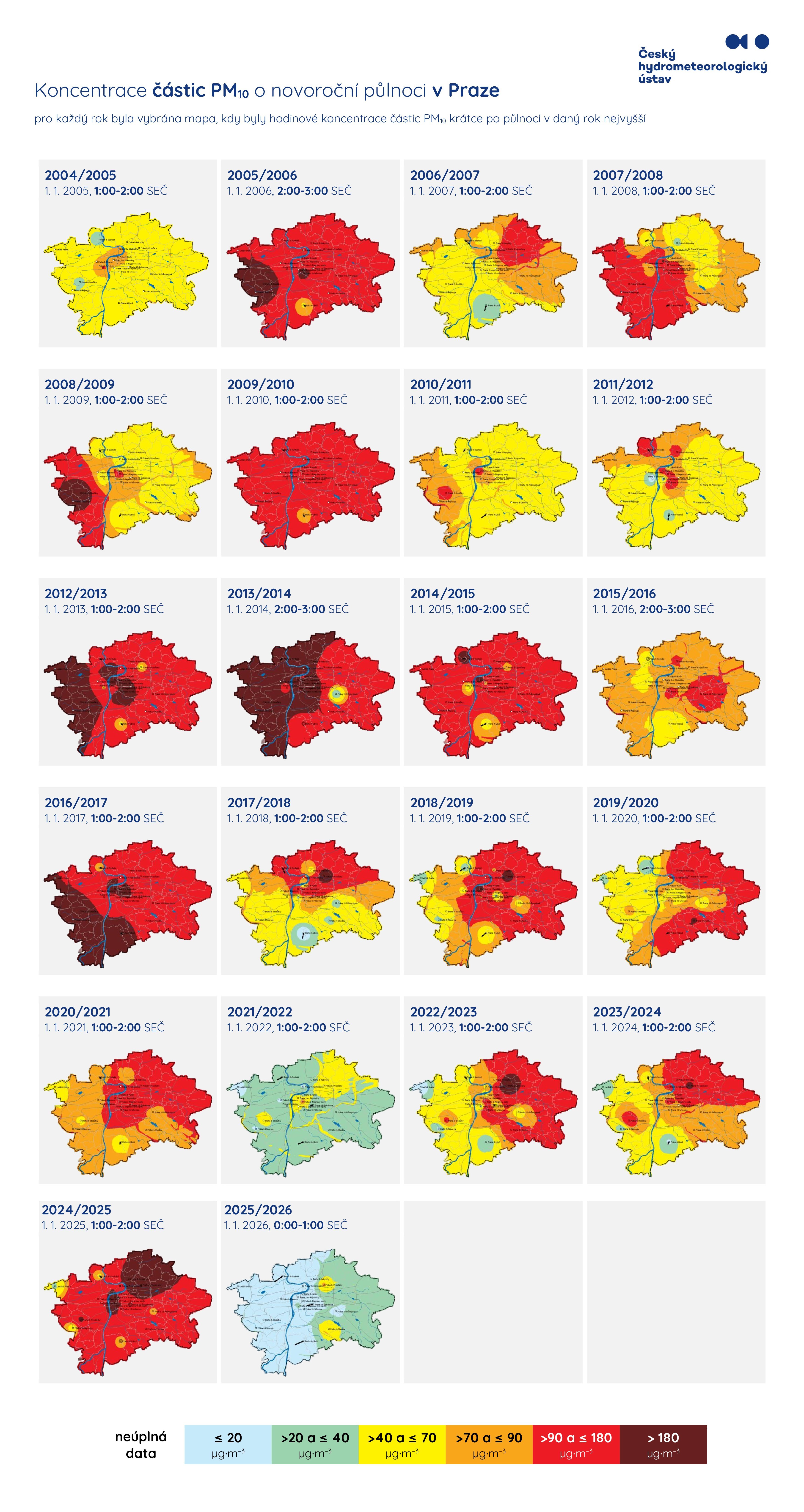 koncentrace PM10 o novoroční půlnoci v Praze