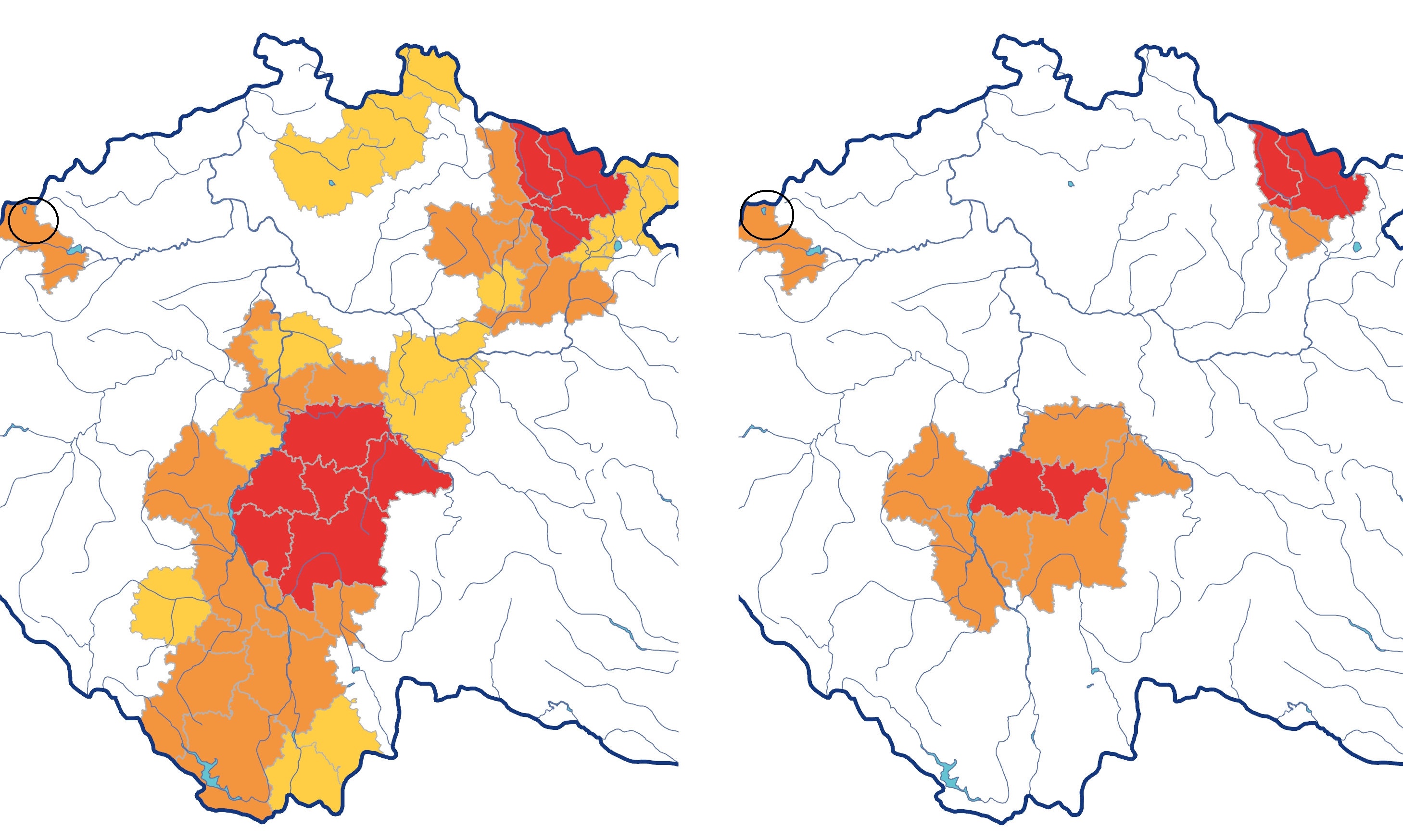 Mapa se zobrazením souhrnného rizika přívalové povodně