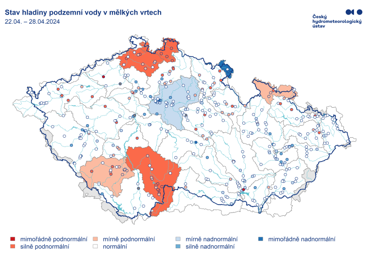 Hydrologická situace: Hladiny podzemních vod v mělkých vrtech v ČR.