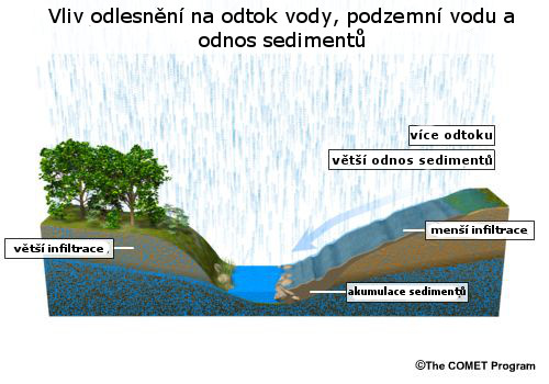 Cross-section showing effect of deforestation on runoff, groundwater and sediment transport.
