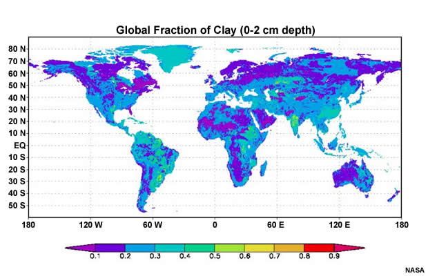 Global map of soils showing the fraction of clay contained in the top two centimeters of soil