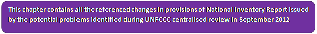 Zaoblený obdélník: This chapter contains all the referenced changes in provisions of National Inventory Report issued by the potential problems identified during UNFCCC centralised review in September 2012