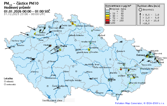Ilustrační obrázek mapa kvality ovzduší o novoroční půlnoci 
